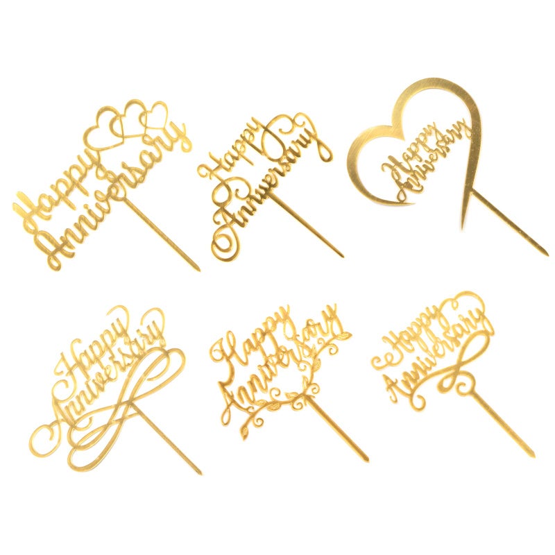 EWUHRY 6pcs Happy Anniversary Cake Topper  Gold Sliver Wedding Anniversary Acrylic Cake Toppers  Happy Anniversary Party Decorating supplies - Image 1